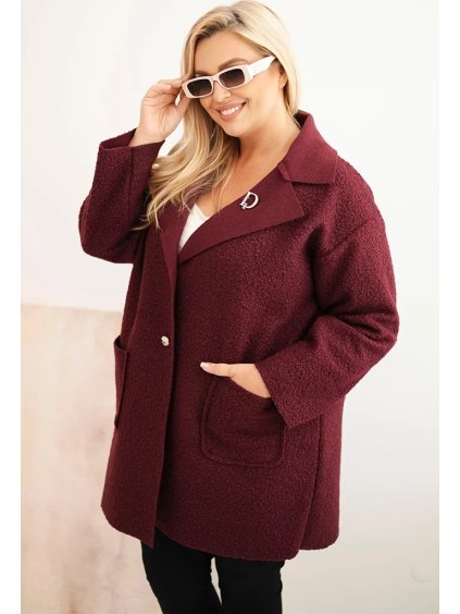 Vínový dámský vlněný kabát pro plnoštíhlé