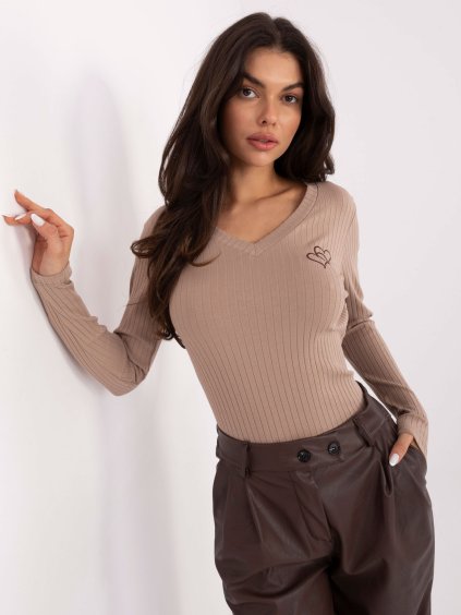 Béžové dámské žebrované tričko s dlouhým rukávem