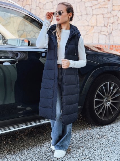 Tmavě modrá dámská dlouhá prošívaná vesta s kapucí