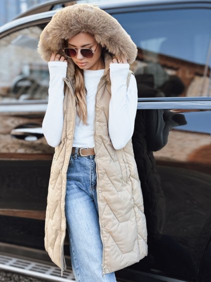 Béžová dámská zateplená prošívaná vesta s kapucí