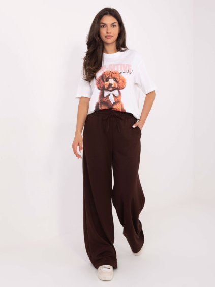 Tmavě hnědé dámské viskózové tepláky s širokými nohavicemi
