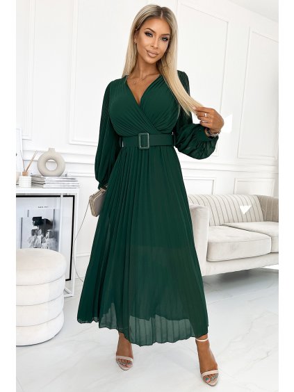 Skládané tmavě zelené šifonové šaty s dlouhými rukávy a páskem KLARA