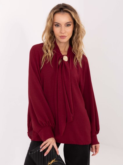 Vínová halenka z viskózy s nabíranými rukávy a vázáním