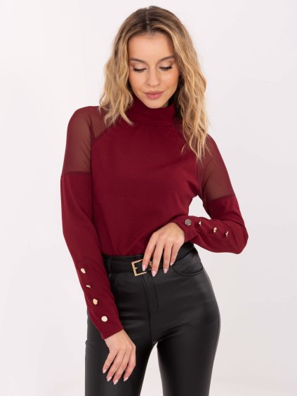 Vínová halenka s rolákem a průsvitnými vsadkami