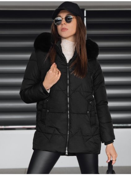 Černá dámská zimní prošívaná bunda s kapucí