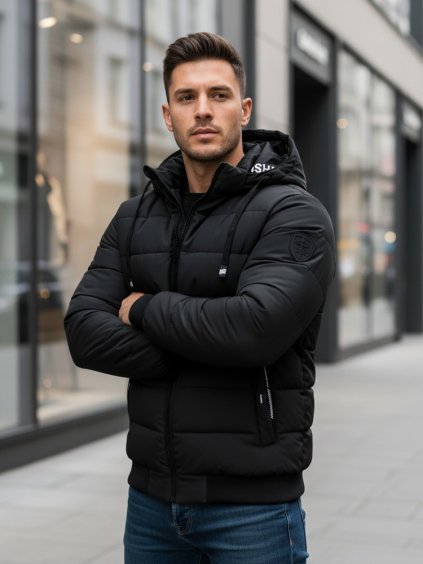 Černá pánská zimní bunda s kapucí a prošíváním