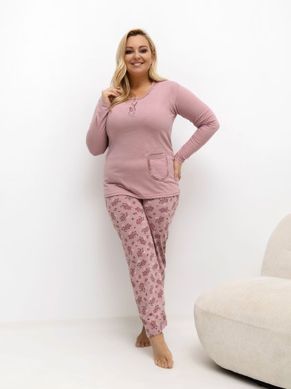 Růžové dámské dlouhé plus size pyžamo s květinovými kalhotami