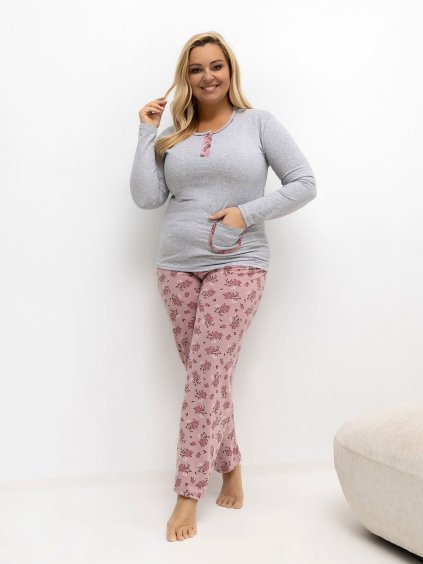 Šedo-růžové dámské dlouhé plus size pyžamo s květinovými kalhotami
