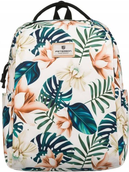 Peterson bílý prostorný batoh se vzorem listů a květin