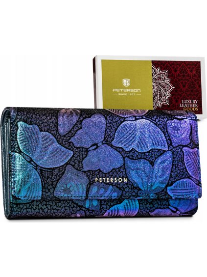 Peterson Tmavě modrá holografická dámská kožená peněženka s motýlky Y469