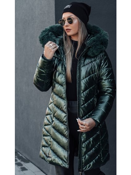 Tmavě zelená dámská lesklá zimní prošívaná bunda BELLATRIX s kapucí