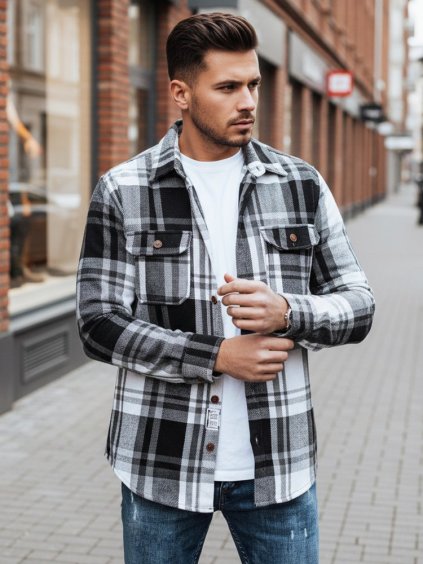 Bílo-černá pánská károvaná flanelová košile