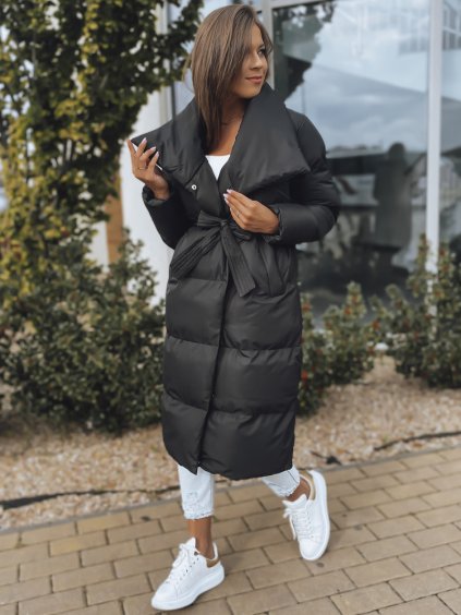 (Vel. M) Černý dlouhý dámský prošívaný kabát s páskem FAVI