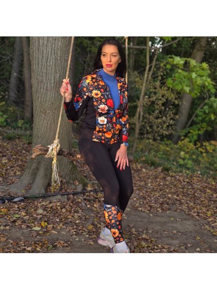 Černé dámské funkční hřejivé legíny s květinovým vzorem