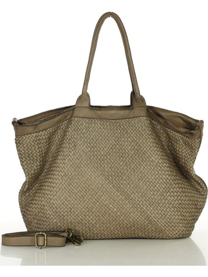 MARCO MAZZINI Béžová kožená shopper kabelka s pletenou přední částí