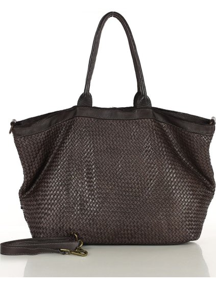MARCO MAZZINI Tmavě hnědá kožená shopper kabelka s pletenou přední částí