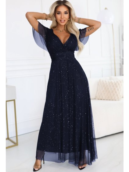 Tmavě modré dlouhé lesklé šaty MELANIA s výstřihem a krátkým rukávem