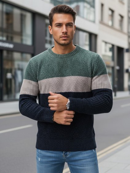 Zeleno-modrý pánský svetr s kulatým výstřihem