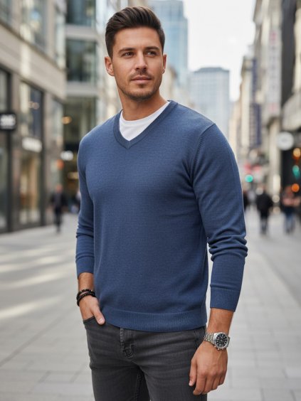 Modrý pánský svetr s výstřihem do V