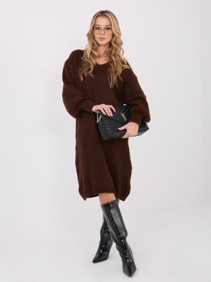 Tmavě hnědé pletené šaty s výstřihem do V