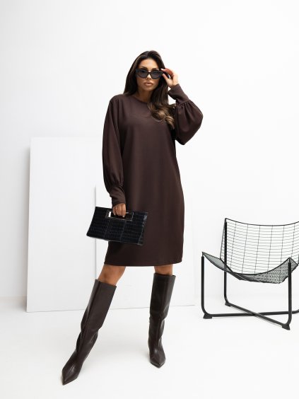 Čokoládově hnědé dámské viskózové mini šaty s balónovými rukávy