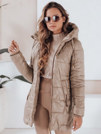 (Vel. 2XL) Camel dámská prošívaná zimní bunda s kapucí (Velikost 2XL)