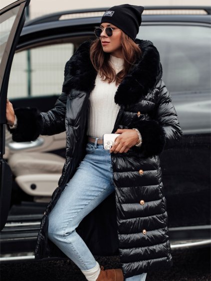 (Vel. S) Černý dámský zimní prošívaný kabát HORIZON s kožešinou