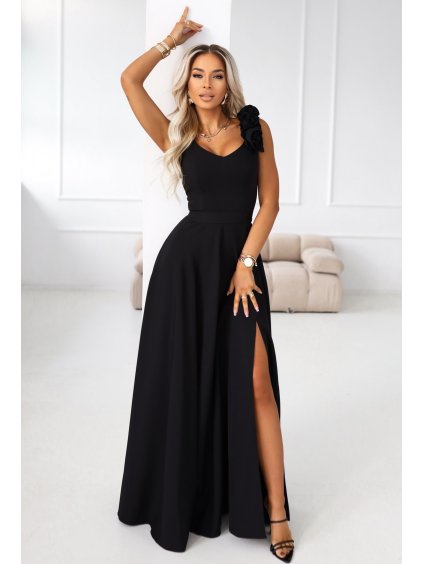 Černé večerní maxi šaty s rozparkem a růžemi