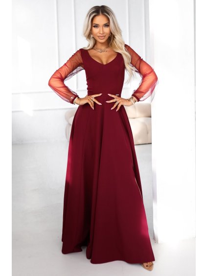 Vínové dlouhé šaty s tylovými rukávy