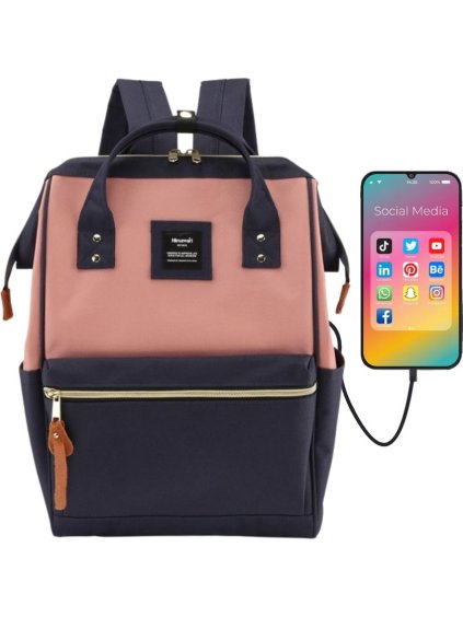 Himawari Prostorný růžovo-modrý dámský batoh s USB portem a kapsou na notebook