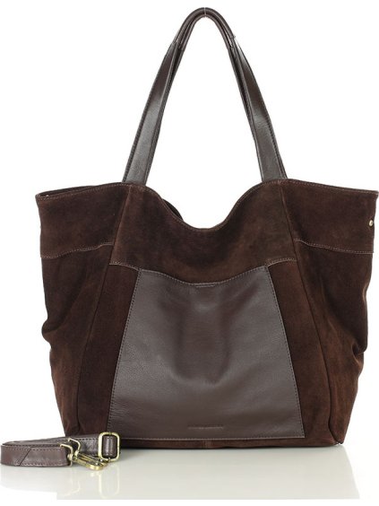 MARCO MAZZINI velká semišová kožená shopper kabelka s kapsou tmavě hnědá