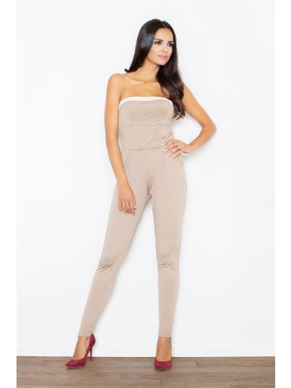 Béžový elegantní overal bez rukávů M364 Beige (Velikost L)