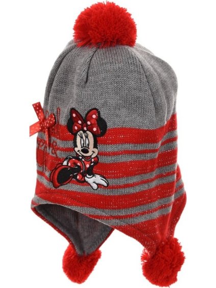Minnie Mouse šedo-červená dívčí čepice s bambulí (Velikost 52)