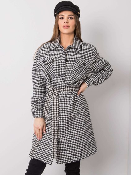 Černo-bílý dámský kabát s páskem