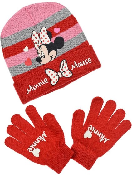 Červeno-růžová svítící sada čepice a rukavic Minnie