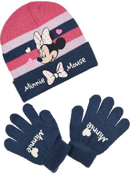 Modro-růžová svítící sada čepice a rukavic Minnie