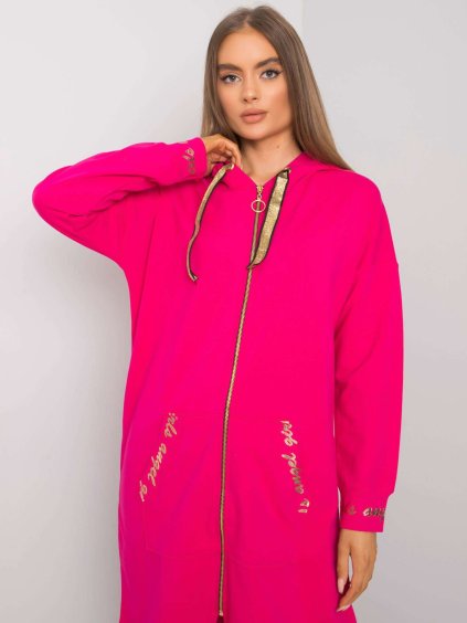 Fuchsiová dlouhá mikina na zip s kapucí a nápisy (Velikost S/M)