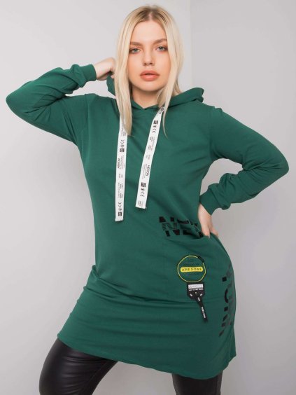 Zelená mikinová tunika s potisky na šňůrkách kapuce