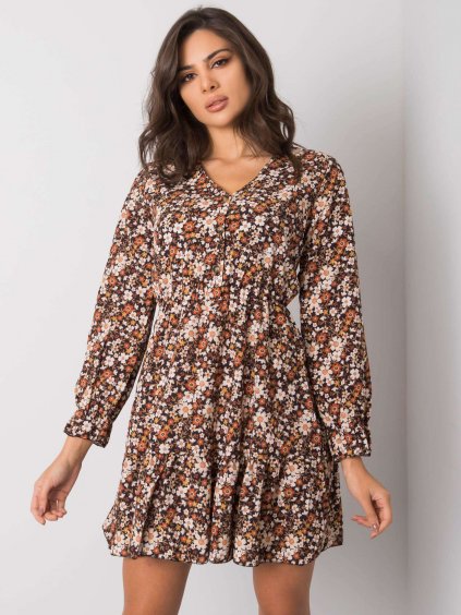 Hnědo-černé květinové šaty s knoflíky