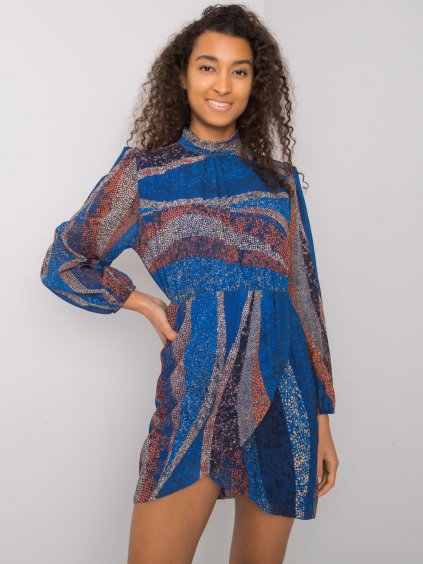 Modré vzorované mini šaty se stojáčkem