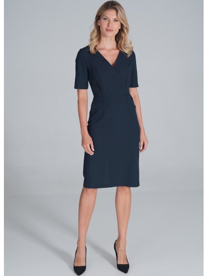 Námořnicky modré pouzdrové midi šaty s knoflíky