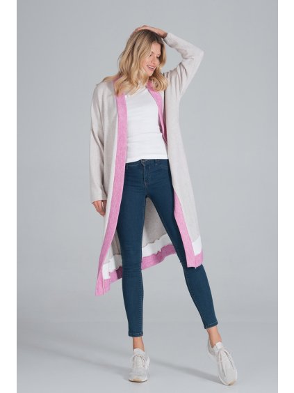 Béžový kardigan s bílým pruhem a růžovým lemováním