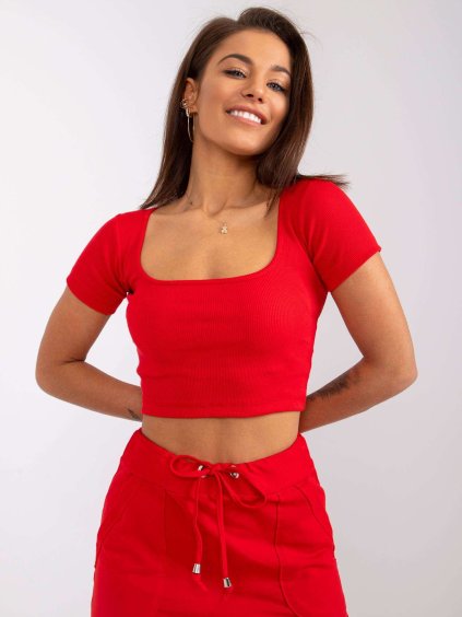 Červený dámský crop top  s krátkými rukávy (Velikost M)