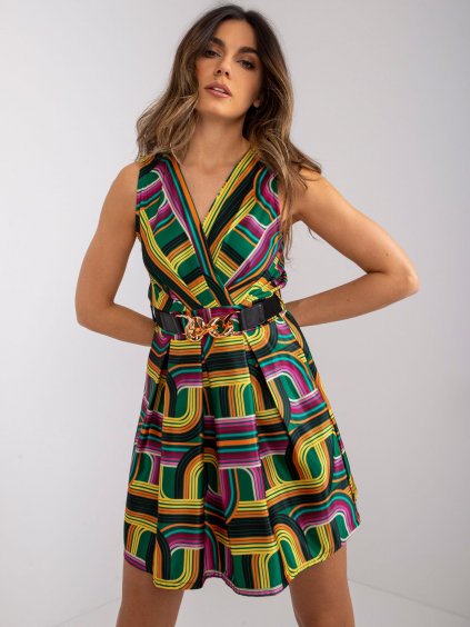 Zelené vzorované mini šaty s páskem