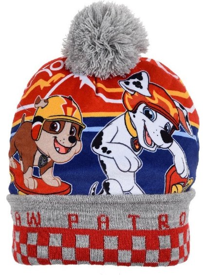 Šedo-červená chlapecká čepice s bambulí Paw Patrol