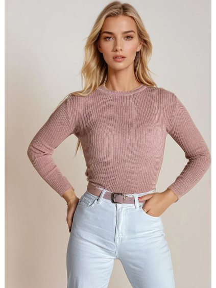 Světle růžový žebrovaný svetr AURINA (Velikost ONE SIZE)
