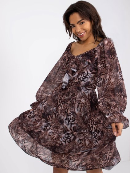 Hnědé volánové šaty Regina se zvířecím vzorováním