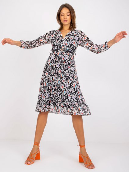 Černé šaty Girona s květy a zavinovacím výstřihem