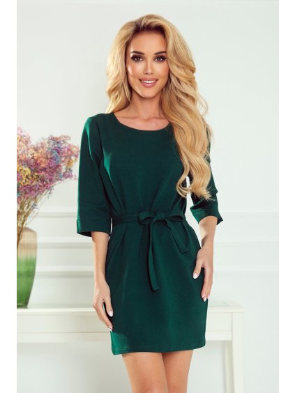 Zelené šaty s páskem a kulatým výstřihem GRETA
