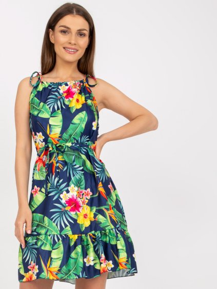 Tmavě modré šaty s tropickým vzorem